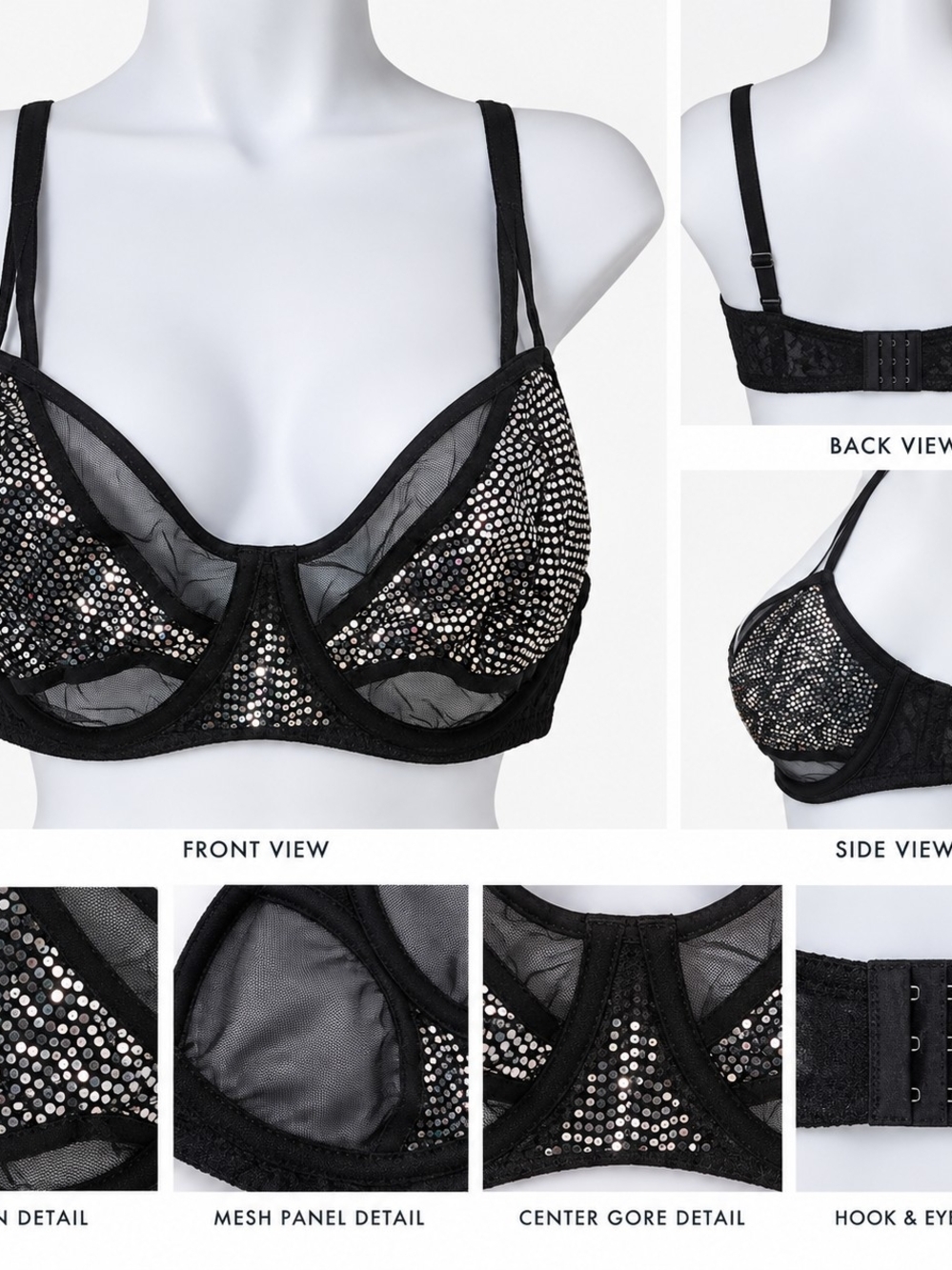 Cacique Black Sequin Mesh Underwire Bra